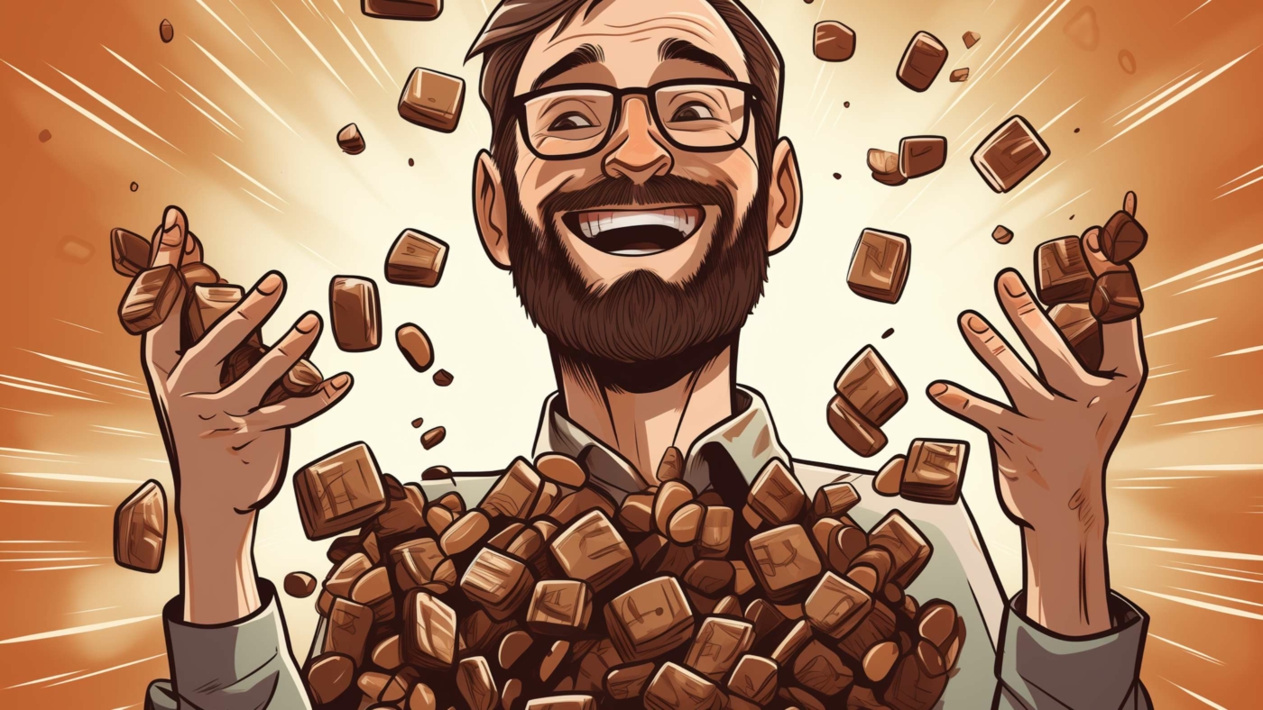 A Guide To Delta 8 Chocolates 1 Indacloud. A Very Happy Man With Piles Of Small Chocolate Candi 03899D8B 649A 4B16 94D2 Afd97Bc805F9