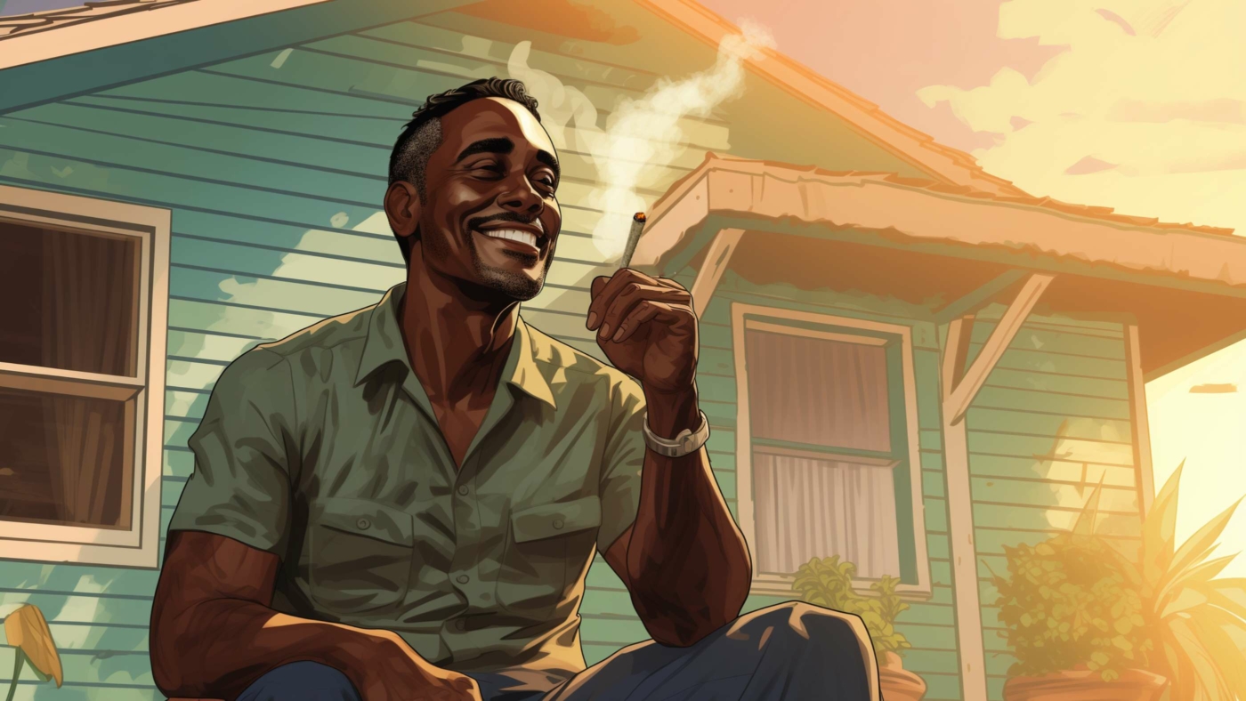 What Are Delta 8 Pre Rolls? 8 Indacloud. A Happy Middle Aged Black Man Smoking A Joint On His 881959Ab 7764 4382 9382 D4132Df4122F