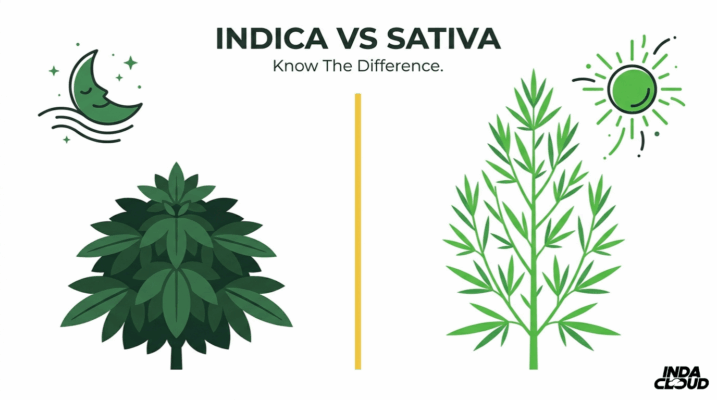 Indica vs sativa comparison showing broad bushy indica plant with moon icon and tall narrow sativa plant with sun icon