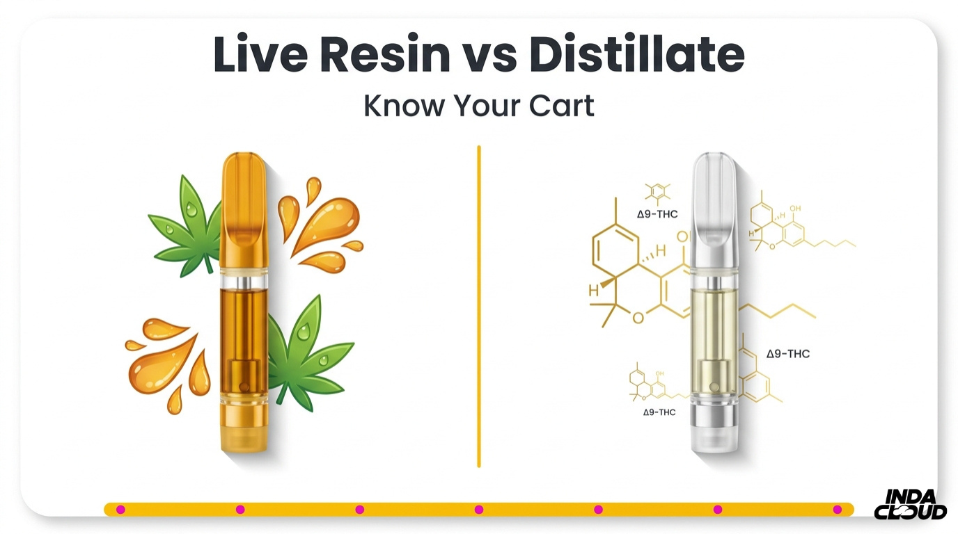 Live Resin Vs Distillate Cart: Which Is Best? 2 Live Resin Vs Distillate Vape Cart Comparison Showing Live Resin Cart With Cannabis Terpenes And Distillate Cart With Purified Delta 9 Thc Compounds