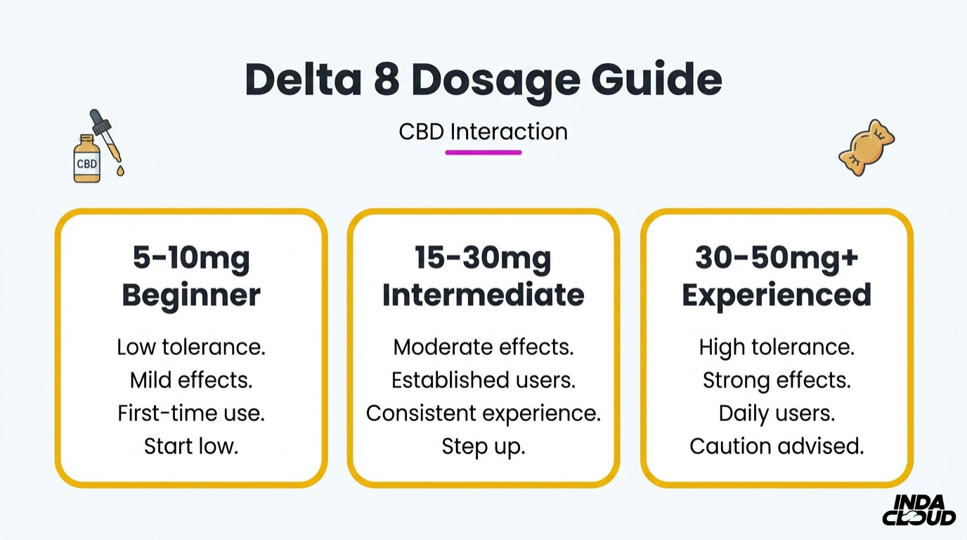 Delta 8 Dosage Guide: Finding The Right Amount And Understanding Cbd Interactions 18 Alt Text: Delta 8 Dosage Guide Infographic Showing Beginner Dose 5–10Mg, Intermediate Dose 15–30Mg, And Experienced Dose 30–50Mg+ With Cbd Interaction Note.