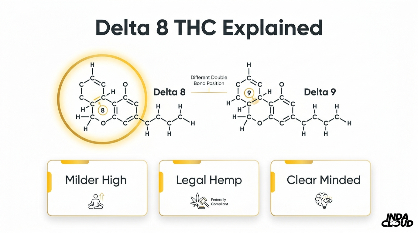 Understanding Delta 8'S Effects: How It Gets You High And Its Legal Status 31 Delta 8 Thc Molecular Structure Comparison Showing The Chemical Difference Between Delta 8 And Delta 9 With Milder Psychoactive Effects And Legal Hemp Origin