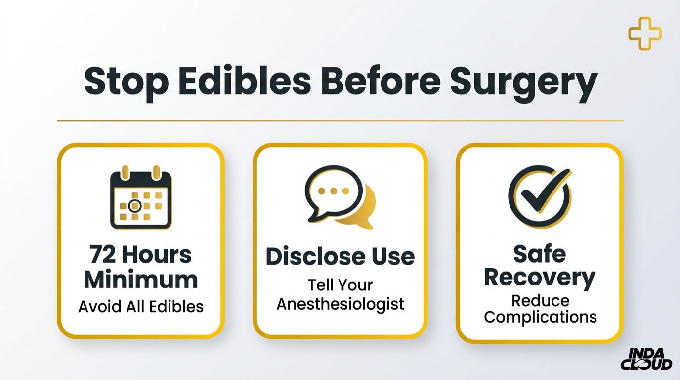 Edibles Before Surgery: How Long To Stop, Risks, And Safer Alternatives 7 Infographic Advising To Stop Cannabis Edibles Before Surgery At Least 72 Hours Before For Safer Anesthesia And Recovery