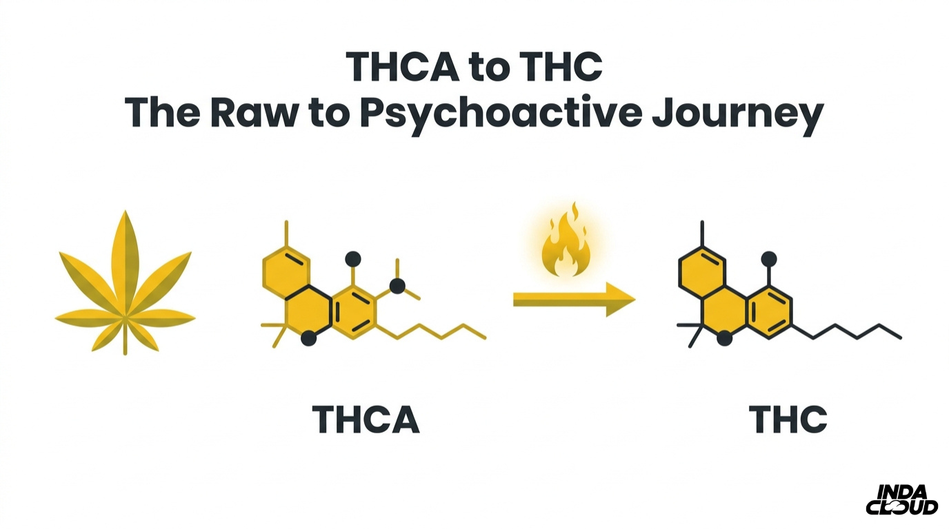 Understanding Thca: Benefits, Effects, And Its Role In The Cannabis Plant 7 Thca To Thc Conversion Infographic Showing The Raw To Psychoactive Journey Where Heat Transforms Non Psychoactive Thca Into Active Thc Through Decarboxylation