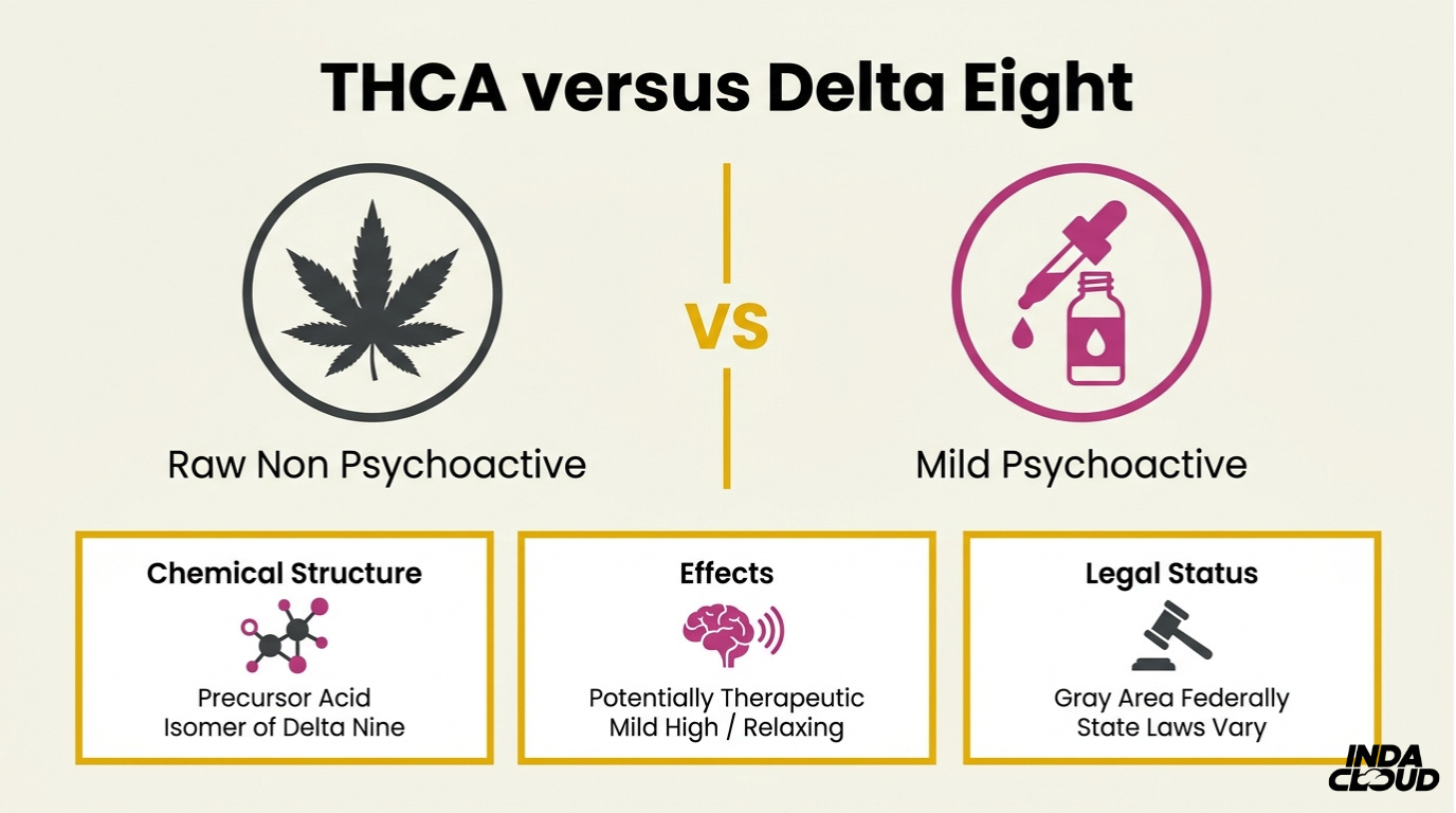 Thca Vs Delta 8: Key Differences, Effects, And What You Need To Know 19 Thca Versus Delta 8 Comparison Showing Raw Non Psychoactive Thca Versus Mildly Psychoactive Delta 8 Including Effects Chemical Structure And Legal Status Differences